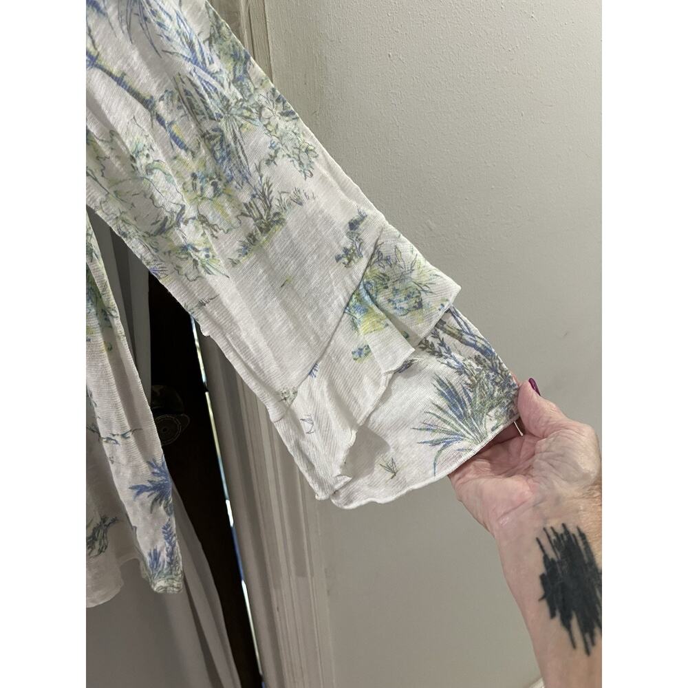 J Jill White Blue Green Tropical Print Tee Layered Sleeve Linen Blend Sz Xl - Picture 4 of 8